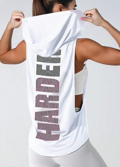 White Women’s Sleeveless Workout Hoodie Tank with Print