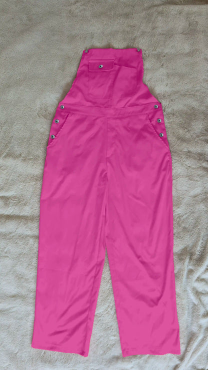 Hot Pink Women’s High-Waist Wide-Leg Overalls – Casual Street Style Suspender Jumpsuit