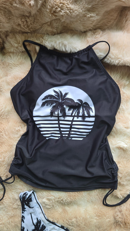 Black 2-Piece Palm Tree Print Halter Tankini Set – Drawstring Side Boho Swimsuit