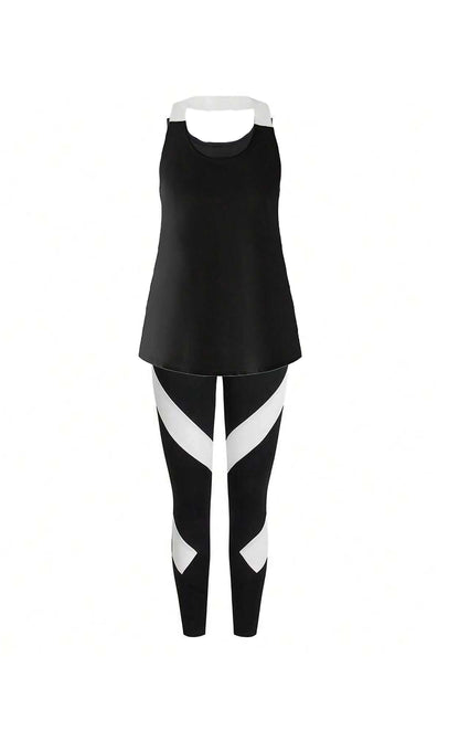 Black Women’s 3-Piece Activewear Set – Racerback Tank, Crop Top & High-Waist Leggings