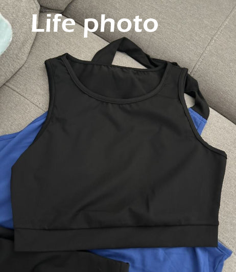 Blue Women’s 3-Piece Activewear Set – Racerback Tank, Crop Top & High-Waist Leggings
