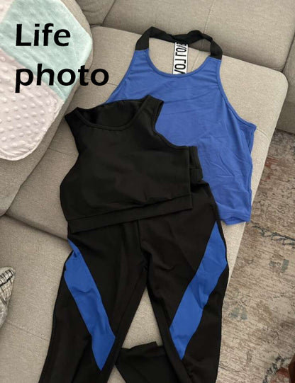Blue Women’s 3-Piece Activewear Set – Racerback Tank, Crop Top & High-Waist Leggings
