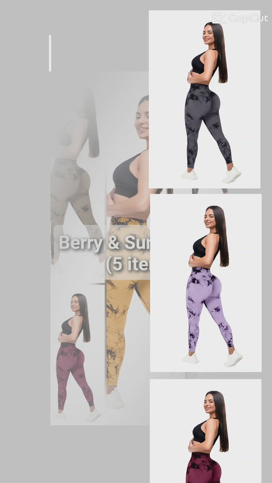 Berry & Sunset Pack of Women’s 5-Pack Tie-Dye High Waist Tummy Control Leggings