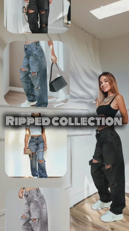 Light Blue Women's Baggy Ripped Straight-Leg Jeans – Mid Waist, Denim Streetwear