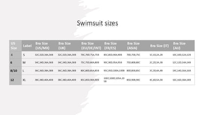 Swimsuit size chart with various measurements on a white background